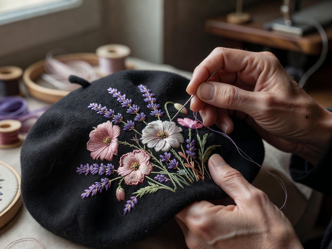 Close-up of artisan hands in Paris meticulously embroidering pink and purple wildflowers onto dark merino wool with silk thread
