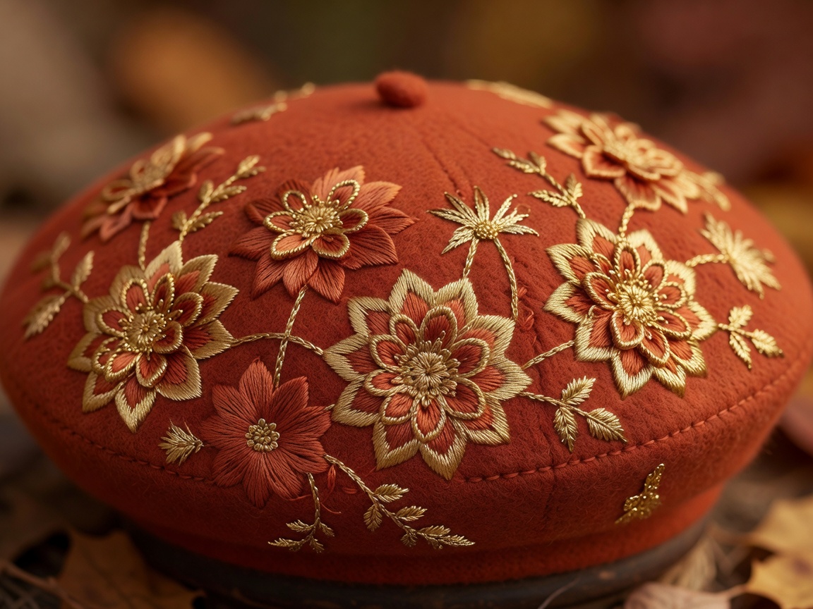 Terracotta Wool Beret hand-stitched with gold-thread dahlia petals and floral botanical stems