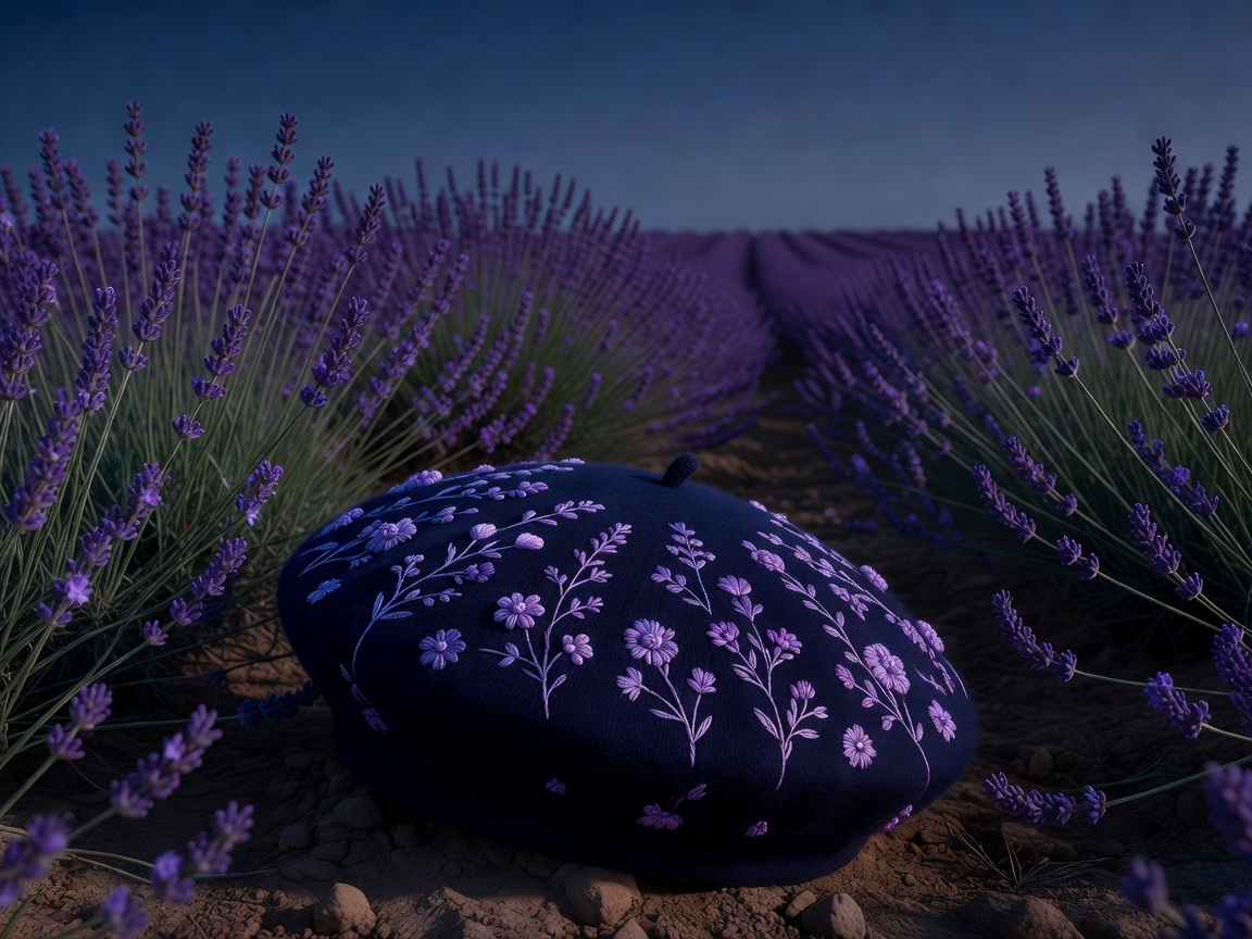 Midnight Navy Organic Merino Wool Beret embroidered with soft lavender floral sprigs and French knots