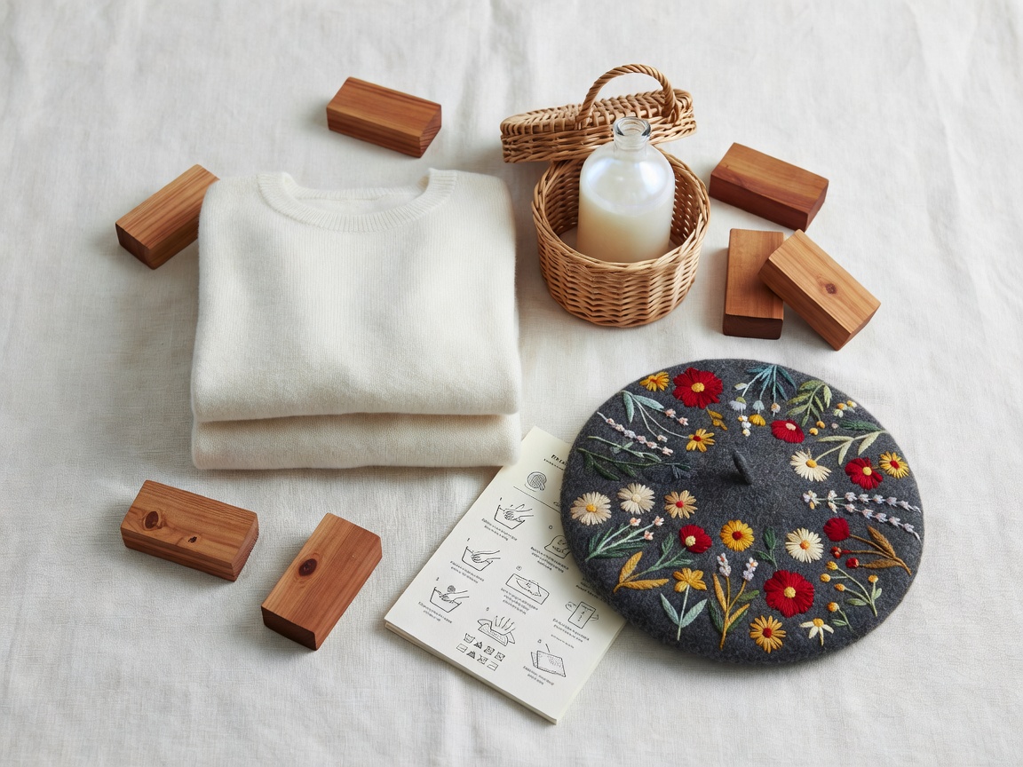 Flatlay of wool wash, cedar blocks, and a hand-embroidered floral beret resting on linen fabric