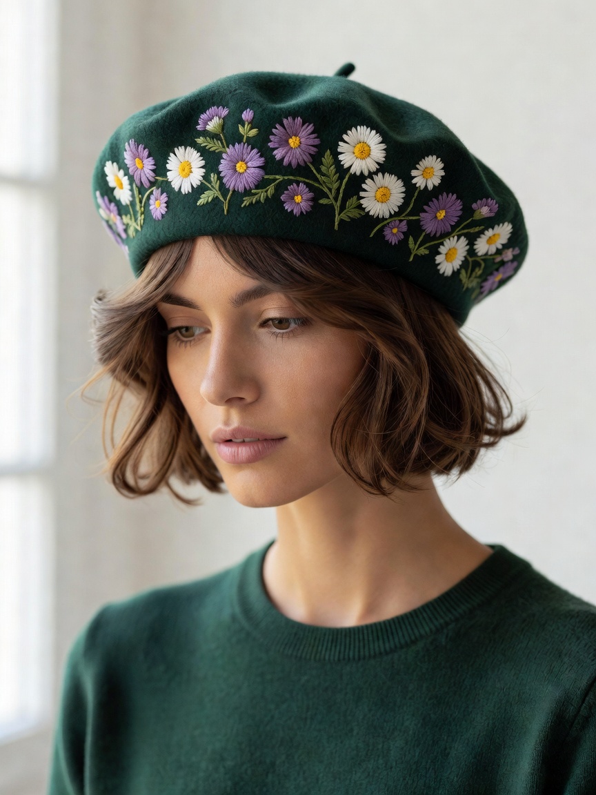 Editorial studio photo of a model wearing a deep forest green wool French beret delicately hand-embroidered with lavender and wild daisy flowers in soft natural light