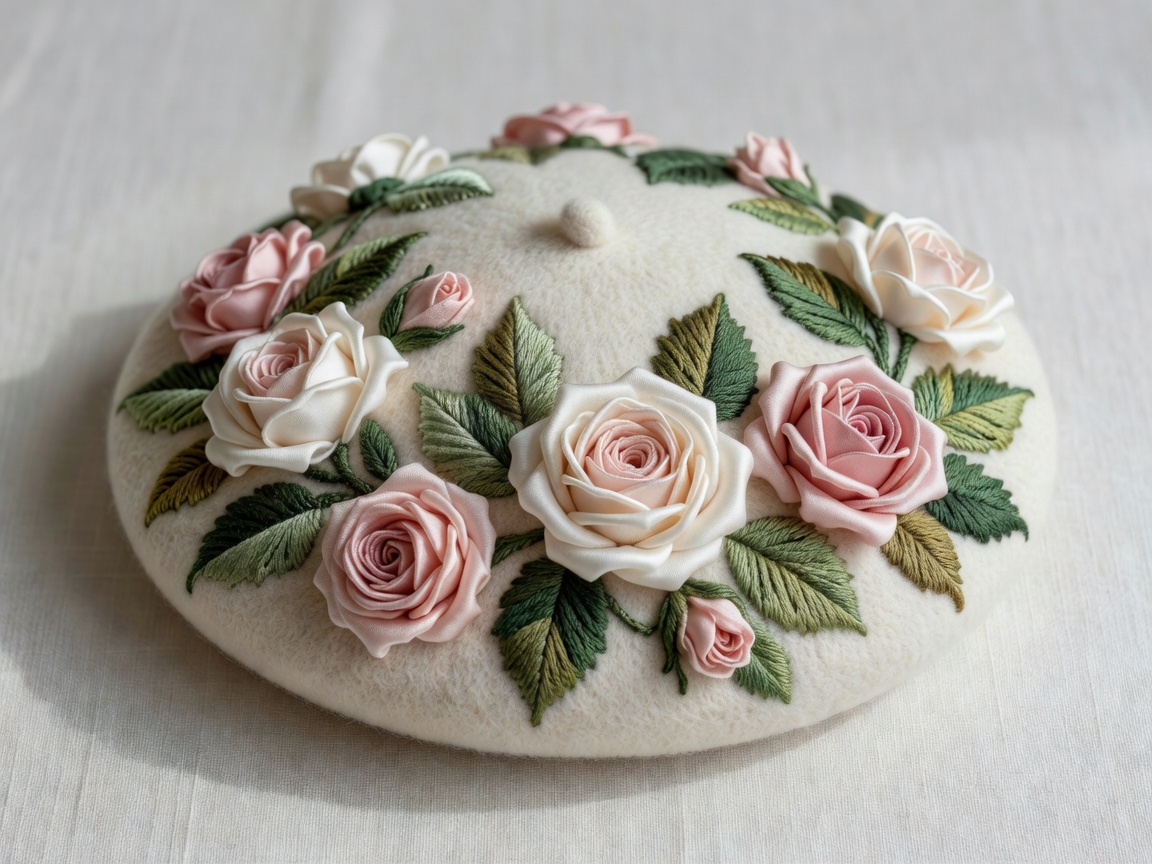 Natural Cream Wool Beret featuring 3D silk ribbon wild roses and moss green leaf embroidery